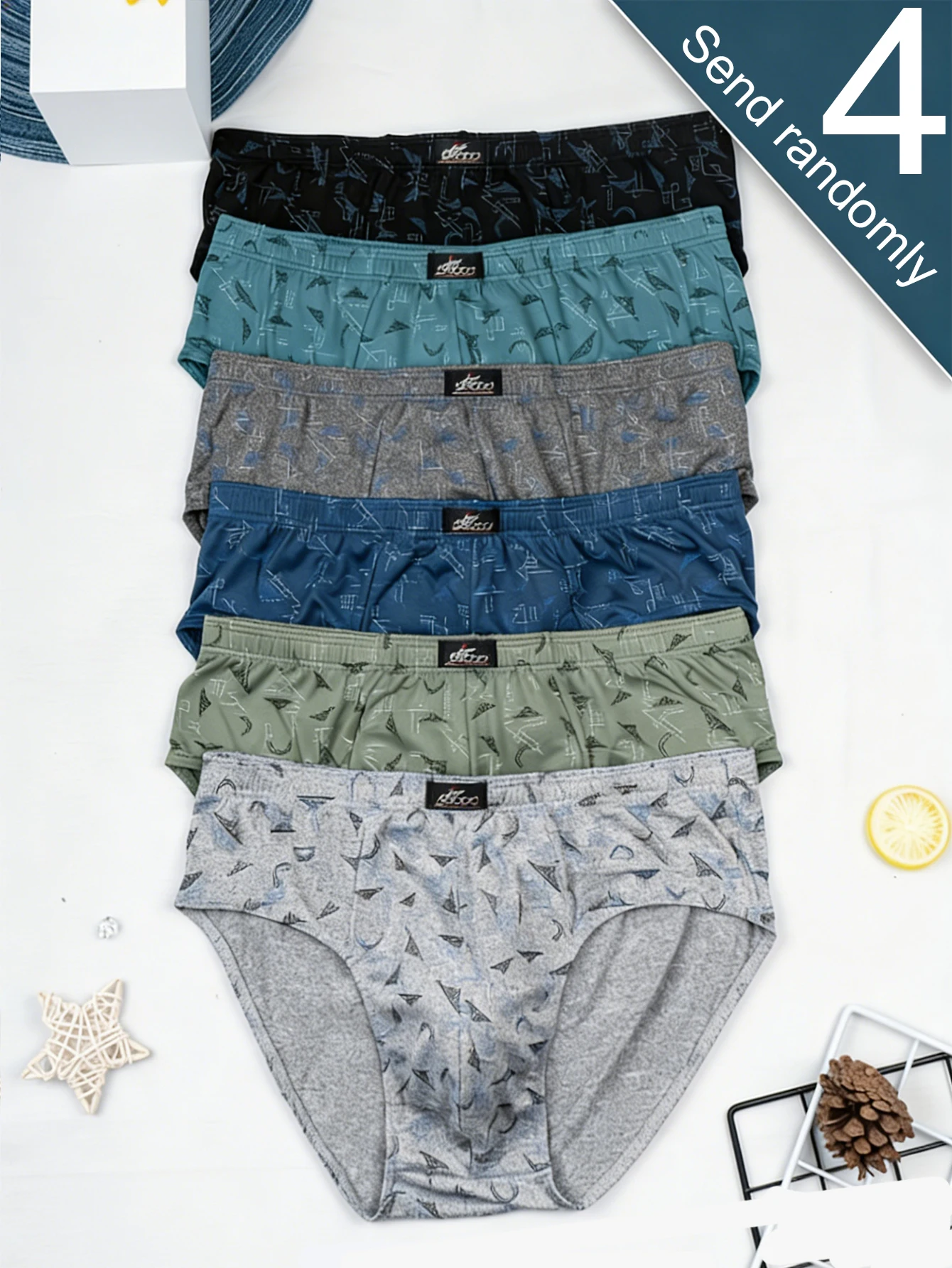 4-Pack of Men's New Random Print Multi-Color Briefs, Men's Cool, Breathable, Comfortable and Soft Briefs, Men's High-Elastic Elastic Briefs, Men's Outdoor Casual Sports Briefs, Men's Briefs That Can Be Worn in All Seasons