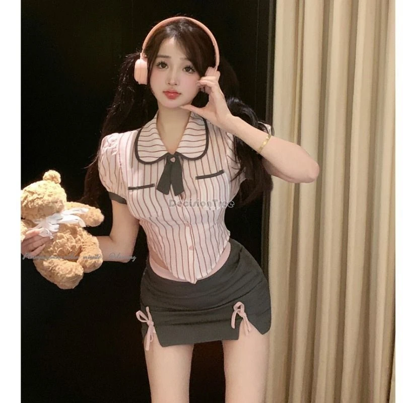 2025 summer imporoved sexy fashion preppy style jk set women short sleeve stripe shirt wrap hip skirt 2 piece daily jk suit b223