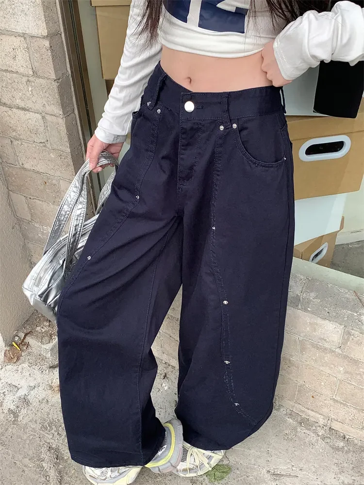 Streetwear Hip Pop Mutil Pockets Baggy Jeans Women Low Rise Y2K Black Denim Pants 2000s Harajuku Wide Leg Trousers Pantalones