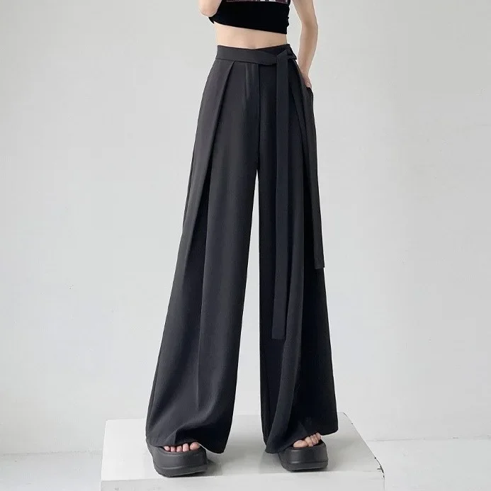 

Grey ice silk suit wide leg pants for women in summer, thin design, tied high waist, hanging straight tube, casual