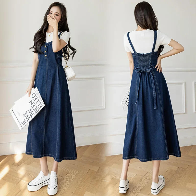 Women Denim Strap Dress High Waist Sleeveless A-Line Jean Maxi Dresses Spring Summer Lace Up Solid Color Dress S-5XL