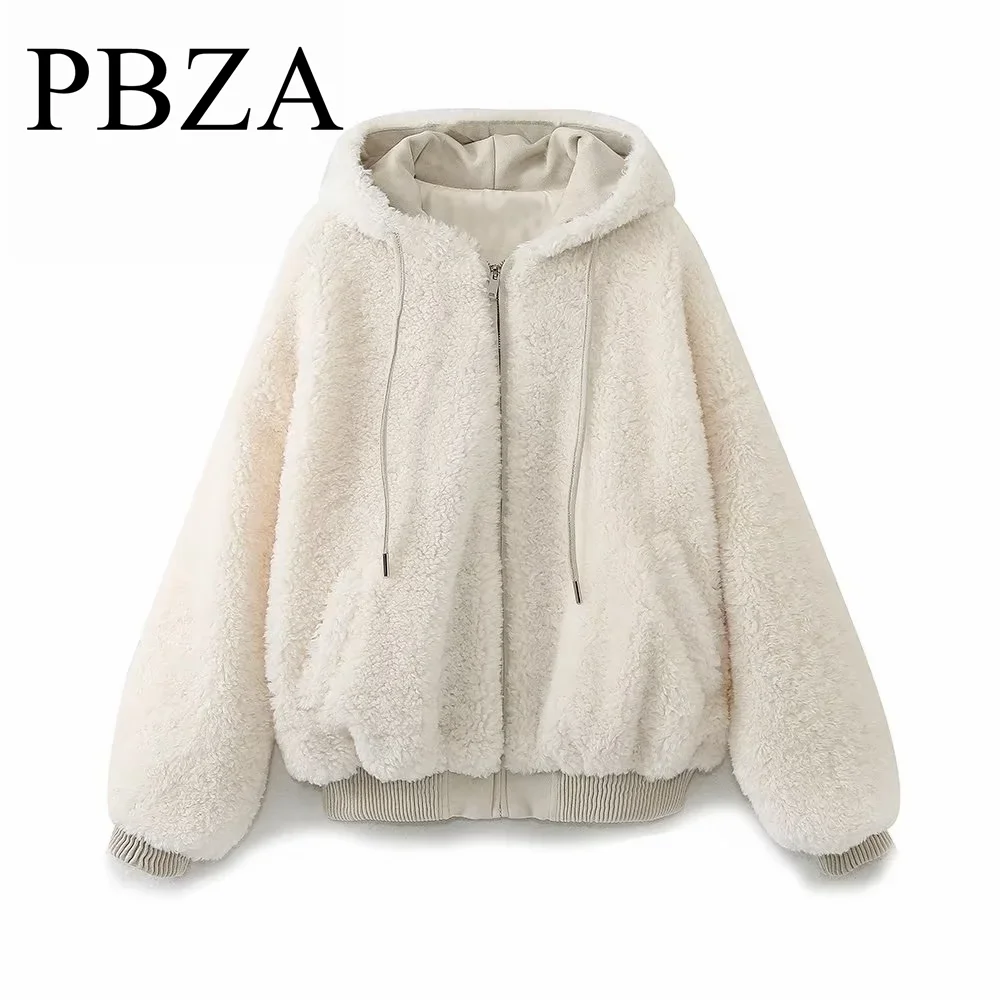 

New white hooded lambskin fleece fleece warm jacket women's hoodie cotton coat thick and loose cotton coat