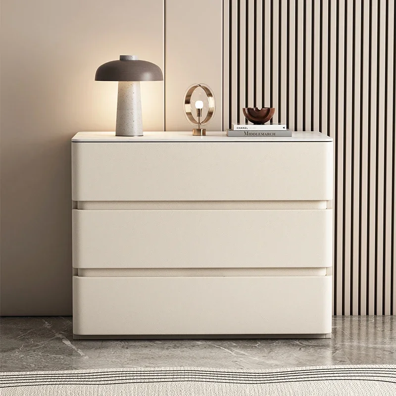 Large apartment high-grade rock slab leather bedside table modern simple solid wood large size three-layer wide body bedside