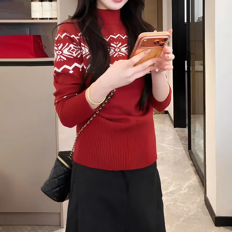 

Красный вязаный свитер с высоким воротом и длинными рукавами для женщин, осенне-зимний, облегающий, базовый слой, с вышивкой в стиле Fair Isle, для ношения под одеждой
