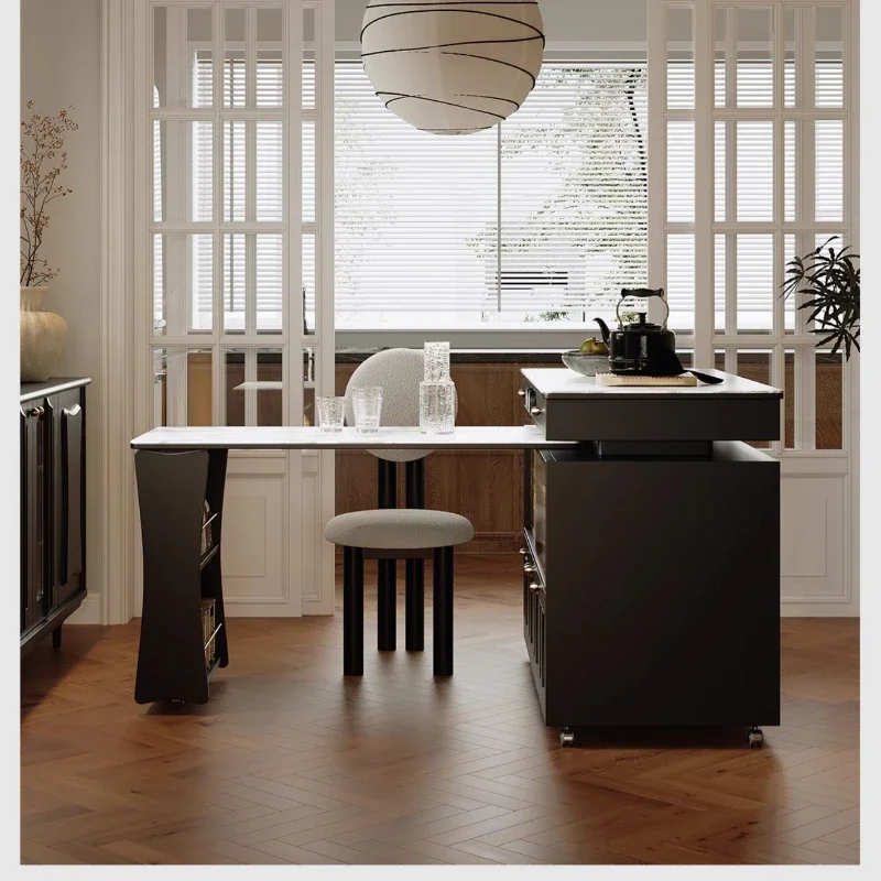 

LDAmerican Retro Mobile Stone Plate Kitchen Island Dining Table French Household Small Apartment Rotating Integrated