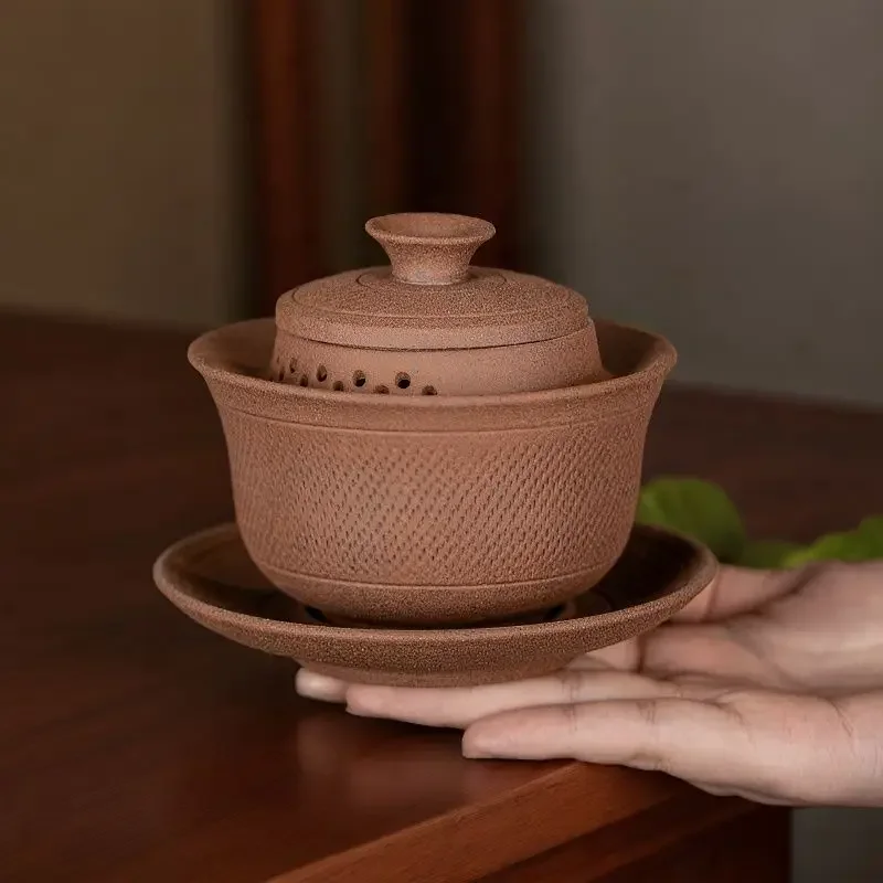 Coarse Pottery Old Rock Clay Raw Gaiwan Ore Handmade Tea Tureen  Anti-Scald Large Tea Bowl Chinese Traditional Tea Set Household