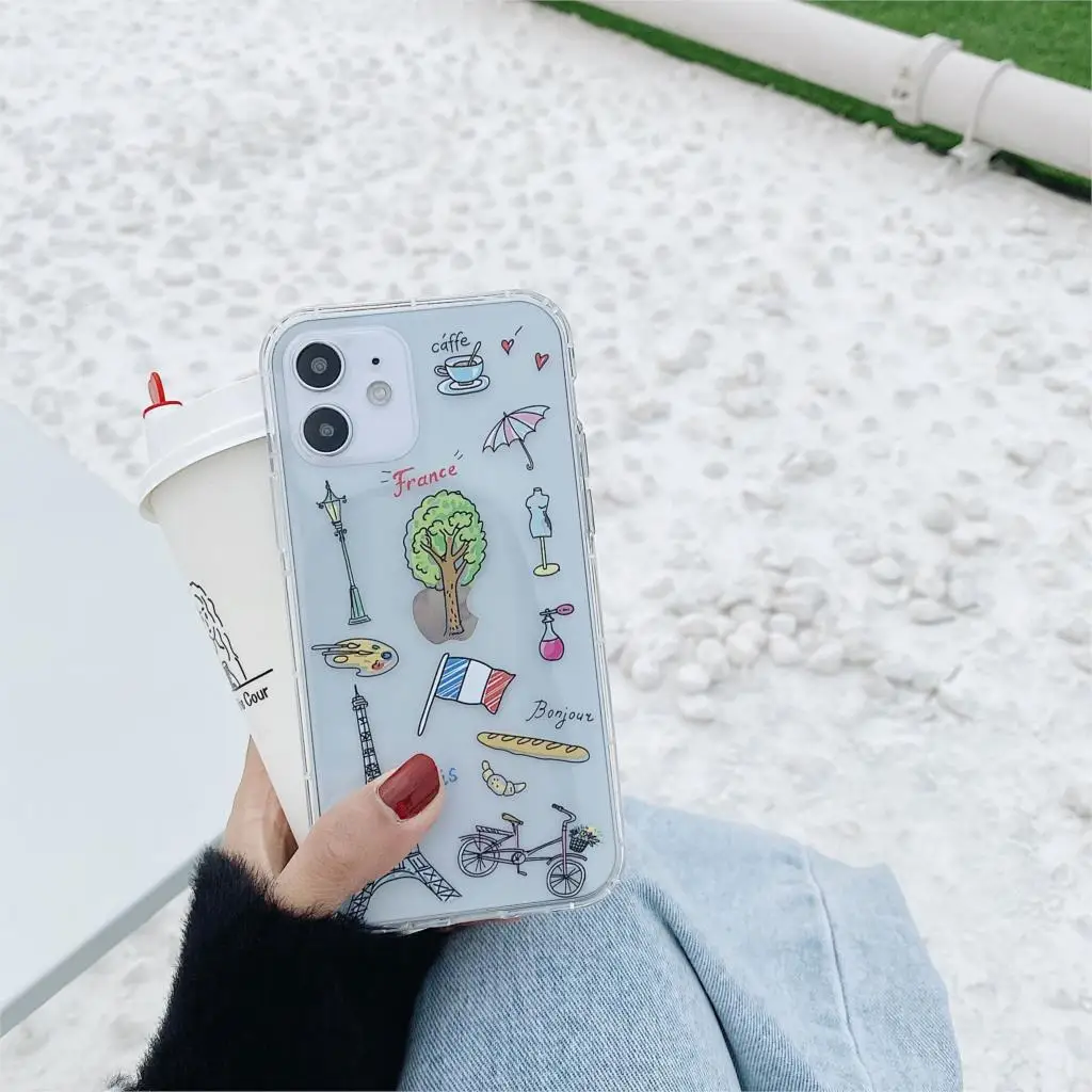 Cute London Paris Eiffel Tower Patterned Phone Case For iphone 15 11 12 Pro Max X XS MAX XR 8 7 plus Soft Clear Shockproof cover