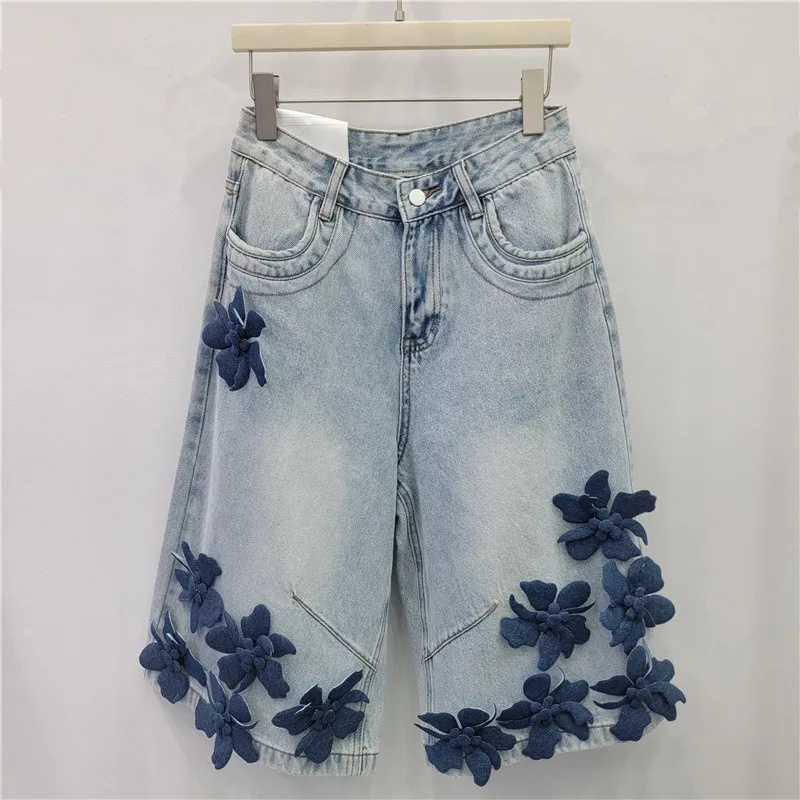 3D Floral Denim Shorts For Women 2026 Summer New High Waist Wide Leg Jeans Shorts Simple Casual Commuter Blue Hot Pants