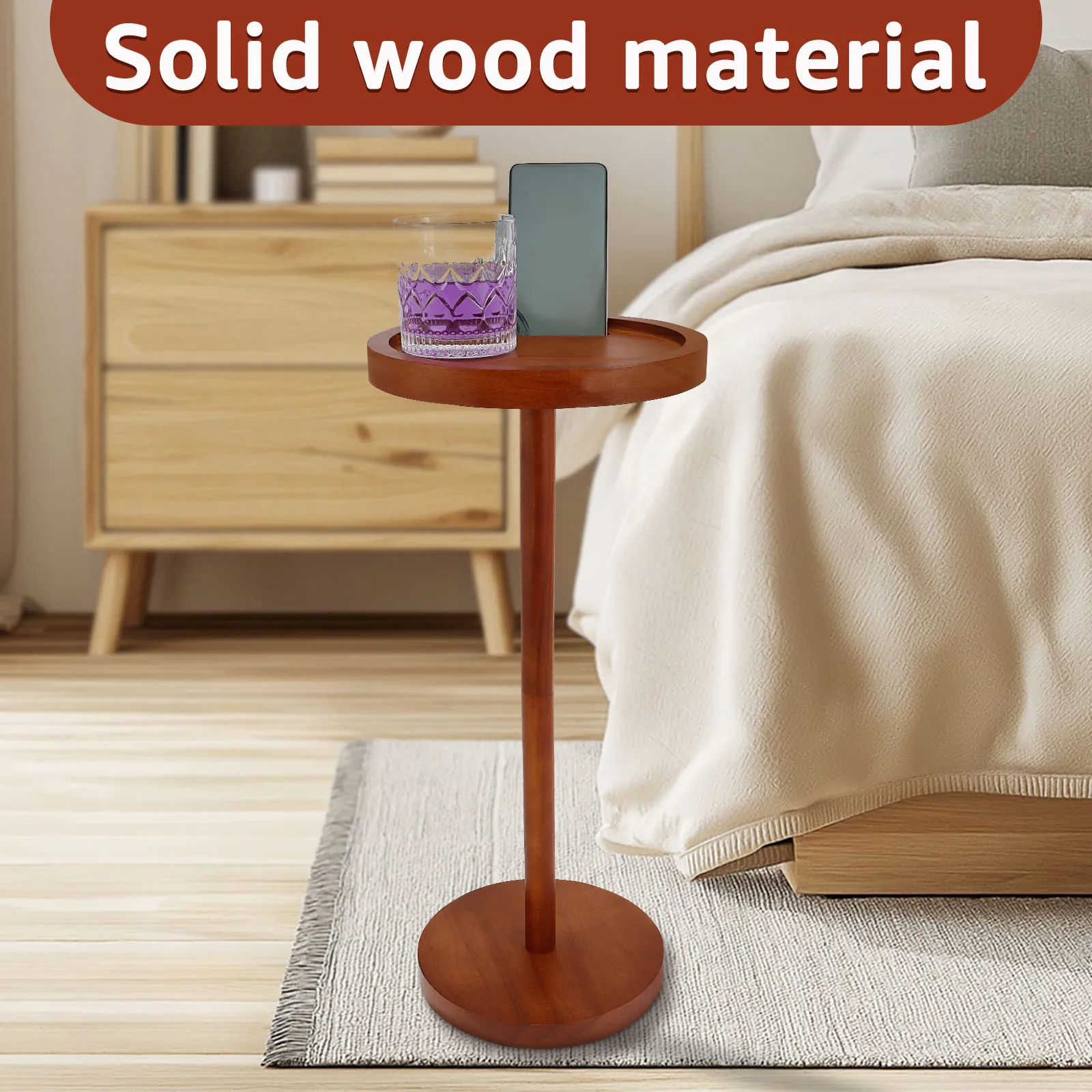 Pedestal Side Table Wooden Weighted Base Drink Table Small Round Side Table with Phone Holder for Home Apartment Dormitory