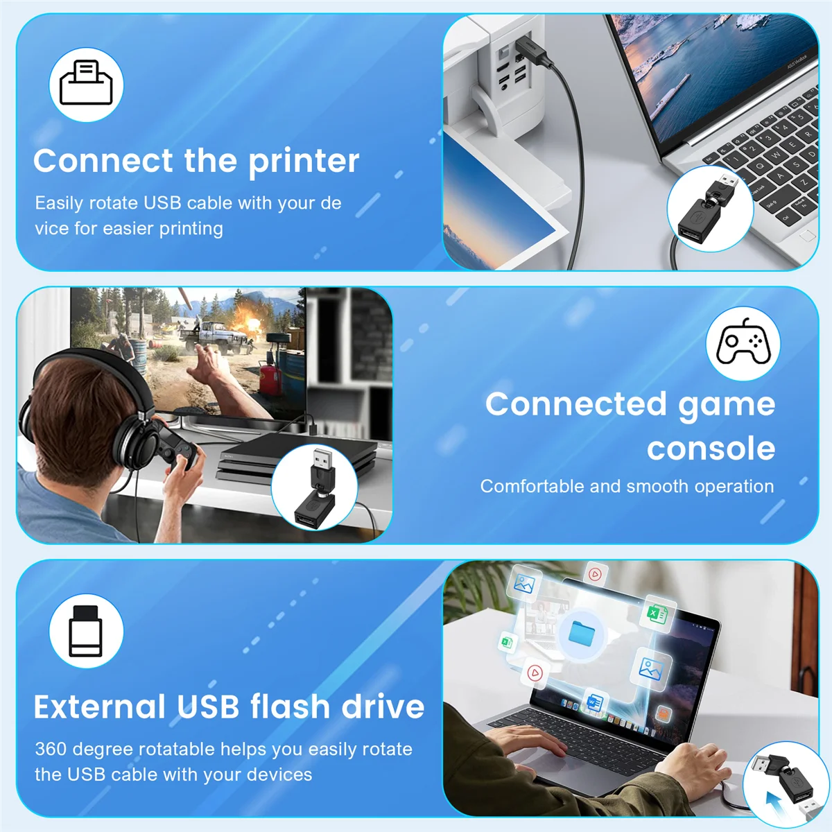 

XFDZ Black USB 2.0 Male To USB Female 360 Degree Rotation Angle Extension Adapter