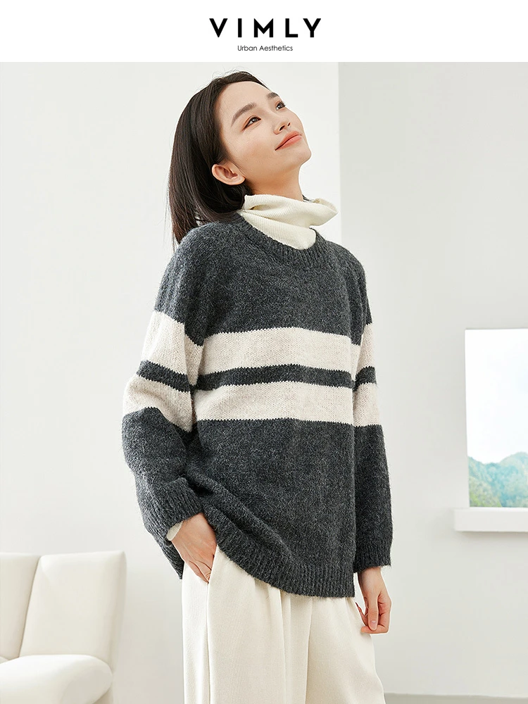 Vimly Contrast Striped Knitted Sweater 2023 Autumn Winter O-neck Long Sleeve Pullovers Loose High Strecth Jumpers Knitwear 72639