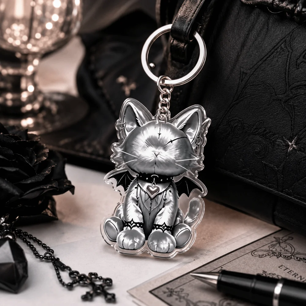 Spooky Design Acrylic Wounded Cat Keychain Halloween 2D Flat Kitten Pendant Ornaments Y2K Gothic Cat Keychain Gifts