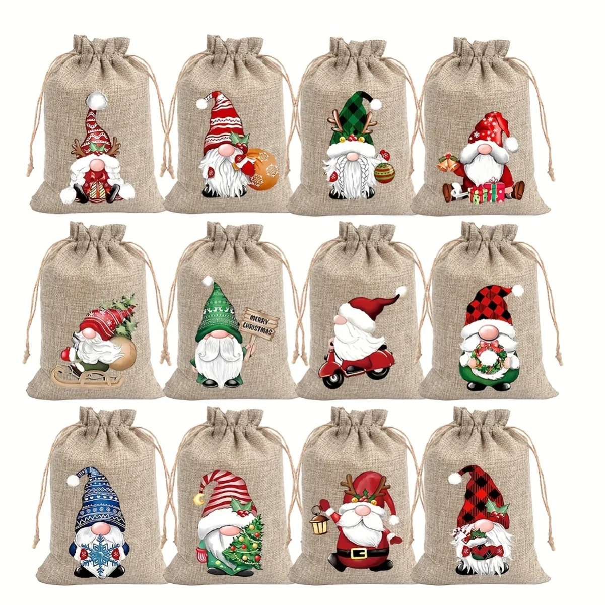 

12pc Christmas Burlap Gift Bags, Santa Claus Linen Drawstring Bag Set for Party Gift and Jewelry Storage, Suitable for Christmas