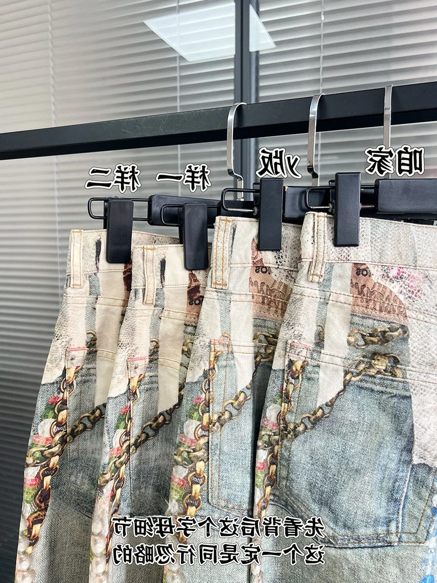 

Loose Straight Leg Women's Jeans Lace Pearl Print High Street Sle Casual Loose Fit Bootcut Denim Pants mid Waist Zipper Clo...