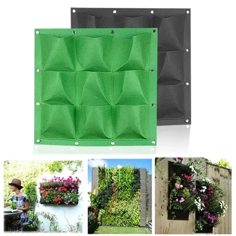 Garden Grow Bag Pockets Vertical Planter Wall-mounted Gardening Flower Hanging Felt 9 Pockets Planting Bag Growing Pot