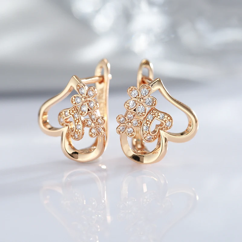 

Cute Geometric Heart Design Hollow Zircon Flower Women Clip Earrings 585 Rose Gold Glossy Earrings Daily Wear Unusual Jewelry