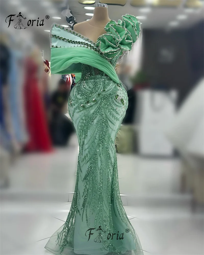 Vestido elegante de encaje con cuentas de sirena para mujer, traje de noche de Boda Verde con volantes árabes, hecho a medida, para fiesta