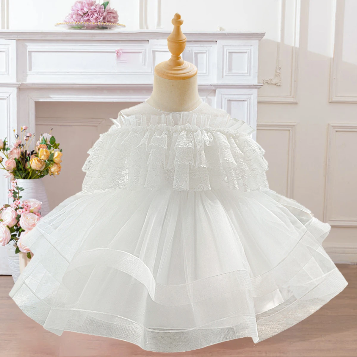 

Toddler Baptism Princess Party Baby Girls Dress Elegant White Flower 1st Birthday Wedding Baby Dress Bow Bridesmaid Prom Costume