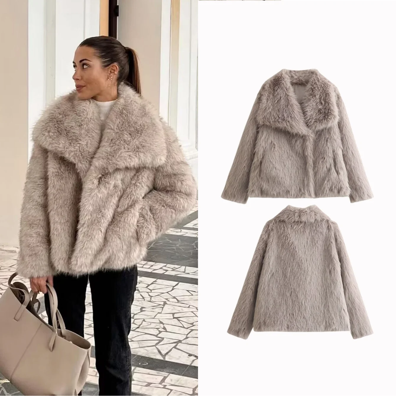 

2025 Woman Autumn Winter Faux Fur Coat Plush Fluffy White Pink Gray Black Wool Blends Coats Women's Jacket New in Outerwears