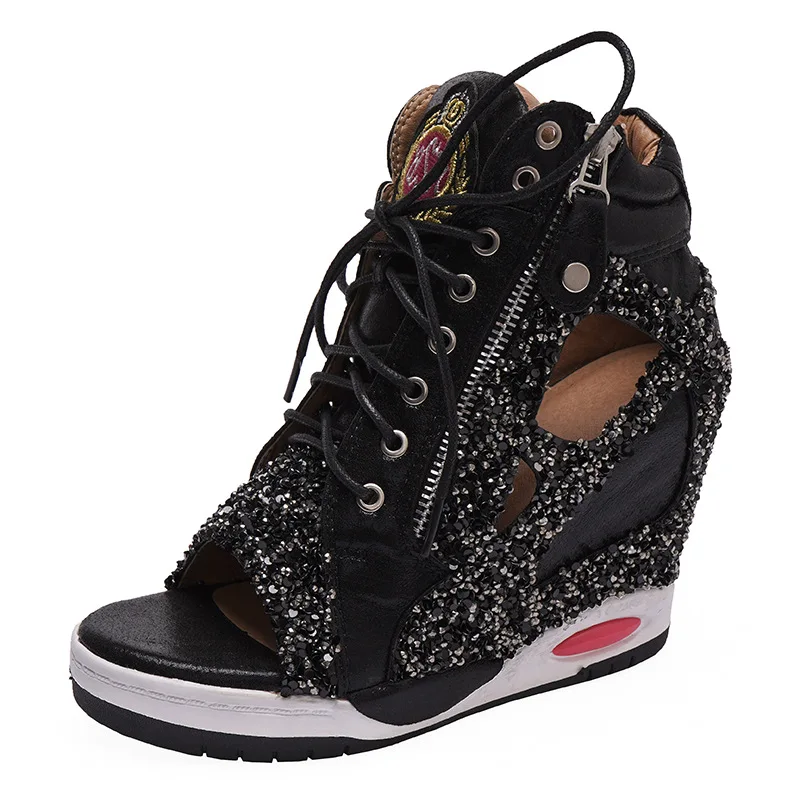 Women\'s Wedge Shoes Sneakers Platform Fashion Casual Thick Sole Rubber High Leisure Lace-Up Peep Toe Increased Interna