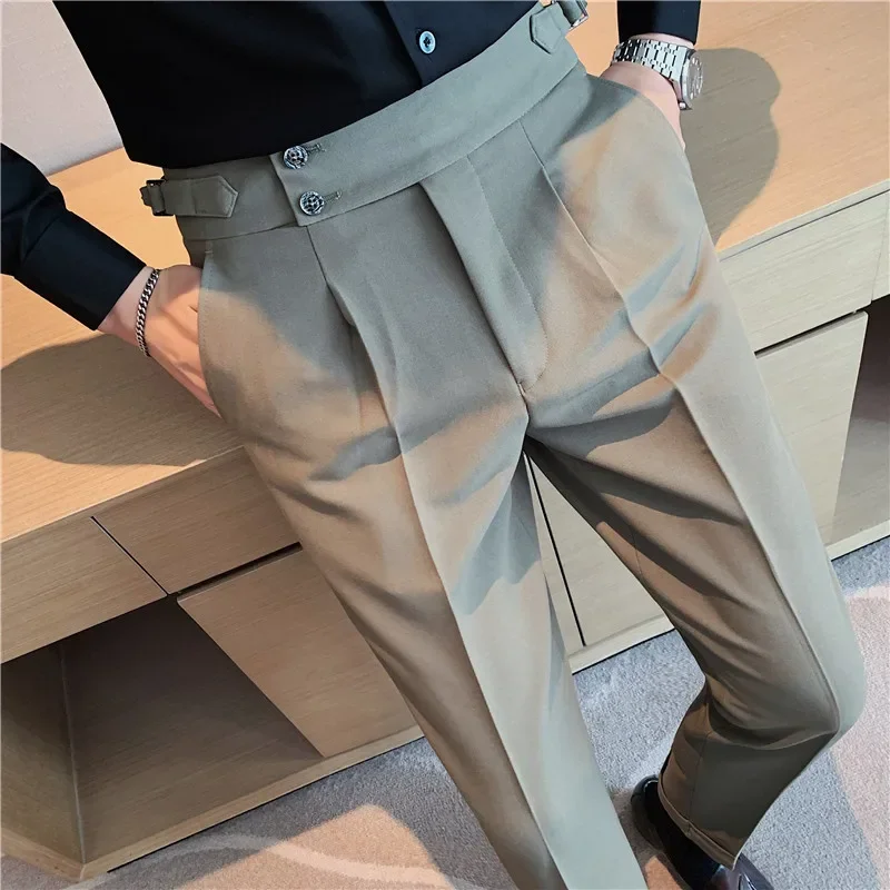 British Style Dress Pants High Waist Mens Spring Fashion Slim Casual Trousers Blue Black Business Formal Suit Pants Men Clothing