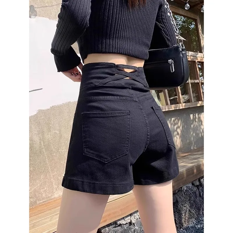 

High Waist Slim Fit Black Denim Shorts Women's Elastic A-Line Hot Pants Straight Leg Wide Leg Summer Shorts Cotton Stretch