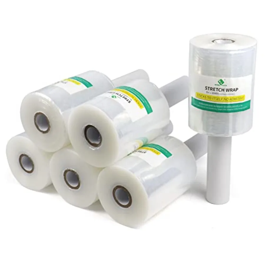 

6 Pack Industrial Mini Stretch Wrap Roll with Handle, 5" x 1000Feet 80 Gauge for Heavy Duty, Durable Self-Adhering Plastic Wrap
