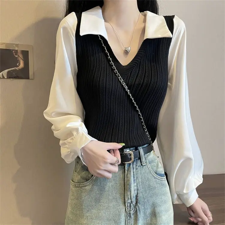 Design Sense Niche Splicing Polo Collar Lantern Sleeves Fake Two-piece Short Knitted Top Women\'s Long Sleeved Shirt