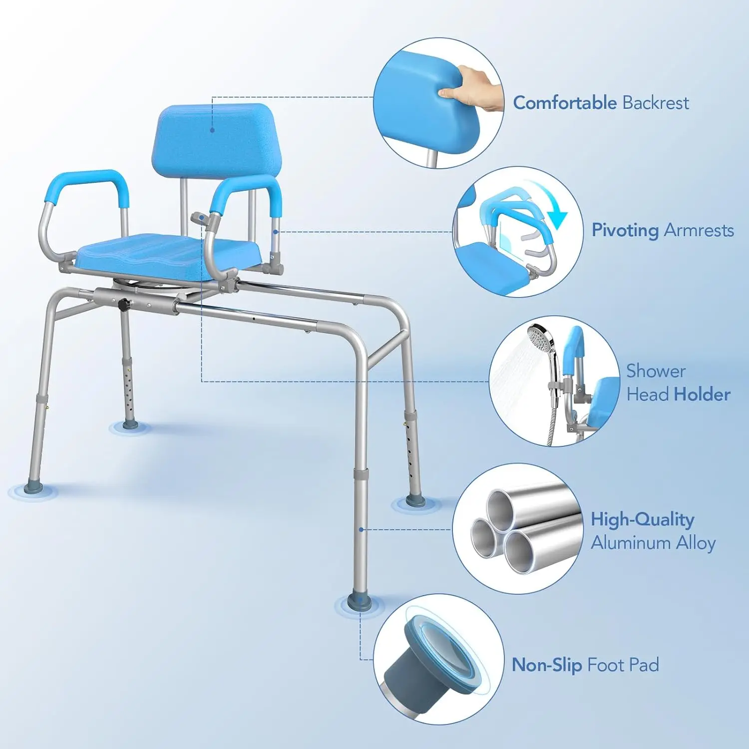 Sliding Shower Chair with Swivel Seat, Tub Transfer Bench for Elderly and Handicap, Premium Padded Bath Stool with Pivoting Arms