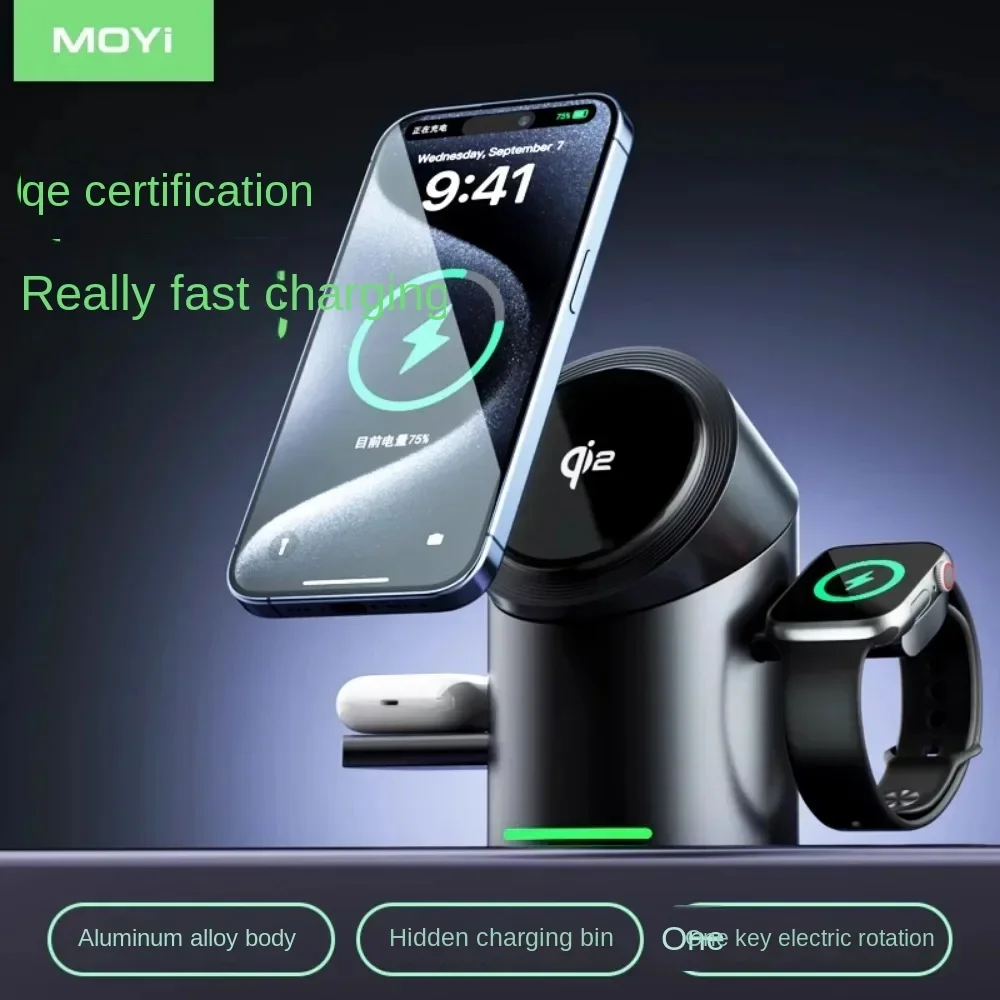 MOYI Qi2 3in1 Wireless Fast Charger Magnetic Quick Charging Dock Power Station fit 20W for iPhone 14/15/16 Magsafe Watch Airpod