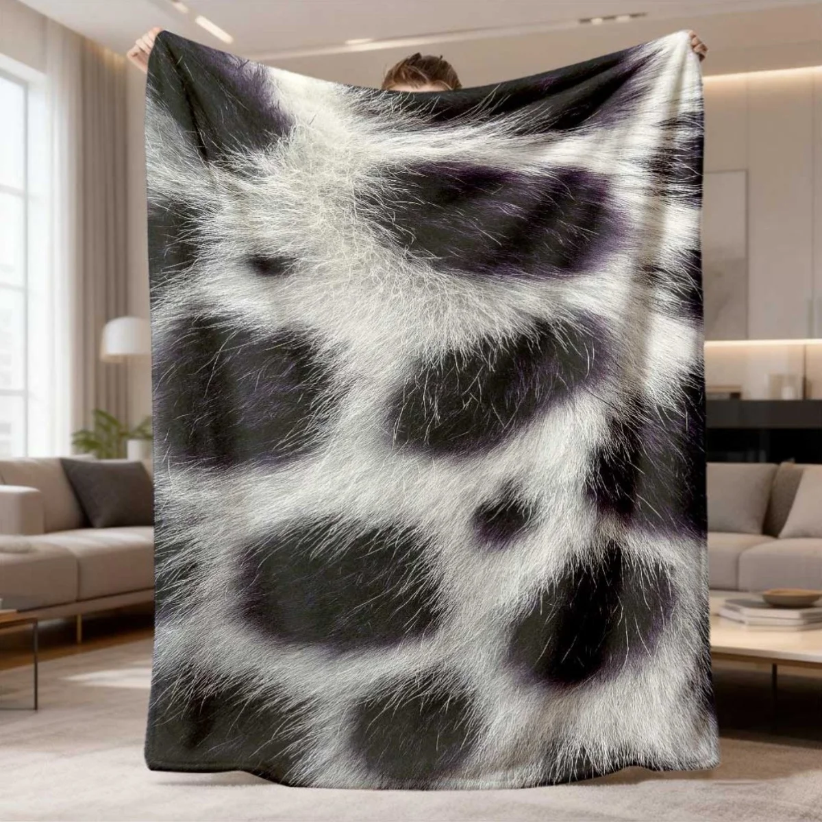 Black White Cow Print Flannel Blanket Soft Cozy Throw Blanket Faux Fur Cow Pattern Print Bed Cover Animal Texture Home Decor