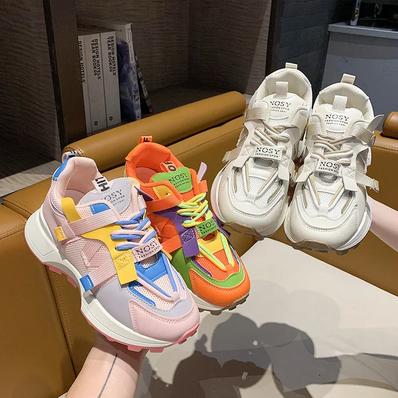 

Color Block Thick Sole Dad Shoes for Women 2025 Spring and Autumn Fashion Lace-up Sneakers Breathable Retro Casual Shoes
