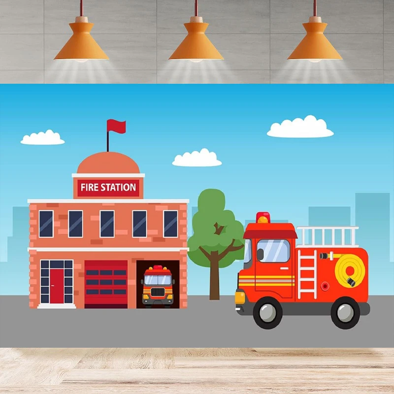 

Fire Station Photography Backdrop Party For Firetruck Firefighter Fire Truck Birthday Background Wall Home Party Decor Banner