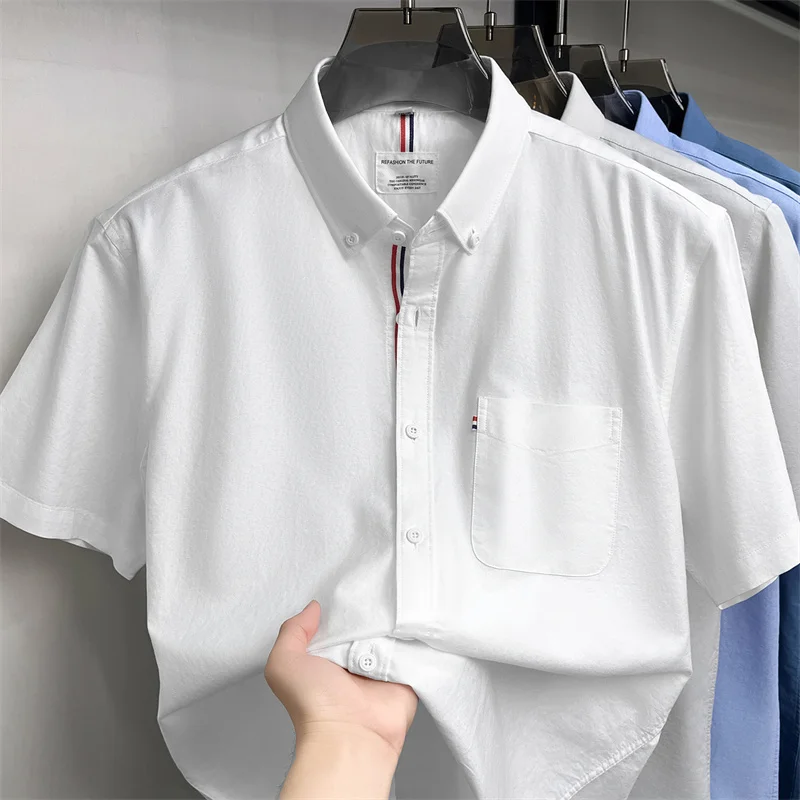 

High end 100% cotton short sleeve shirt summer designer brand classic solid color lapel top fashion business casual men's wear
