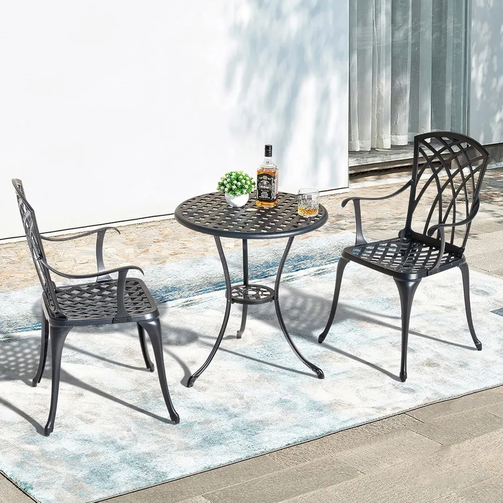 Patio-Bistro-Sets, 3-teiliges Bistrotisch- und Stühle-Set aus Aluminiumguss mit Schirmloch, 2er-Set für Terrasse und Hinterhof, Schwarz