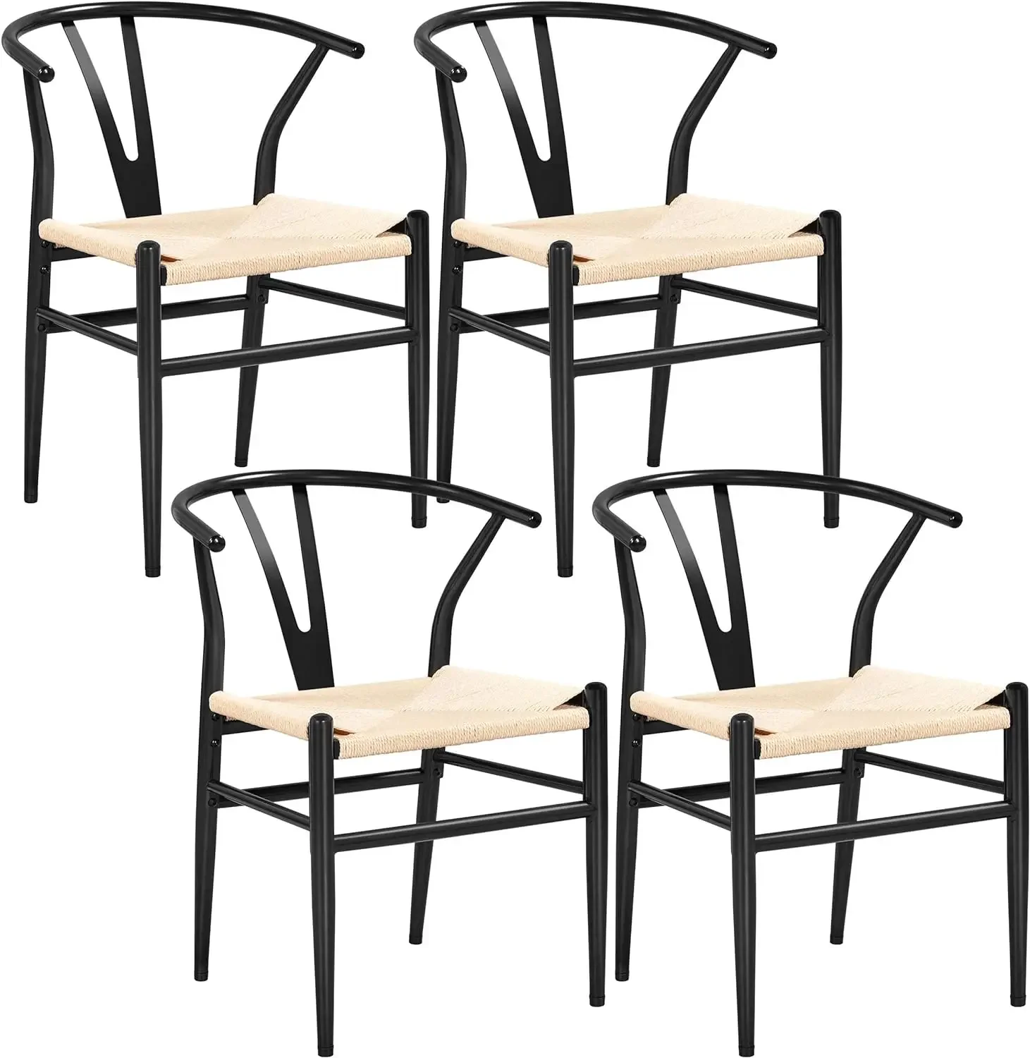 Set of 4 Weave Chair Mid-Century Metal Dining Chair Y-Shaped Backrest Hemp Seat, Black