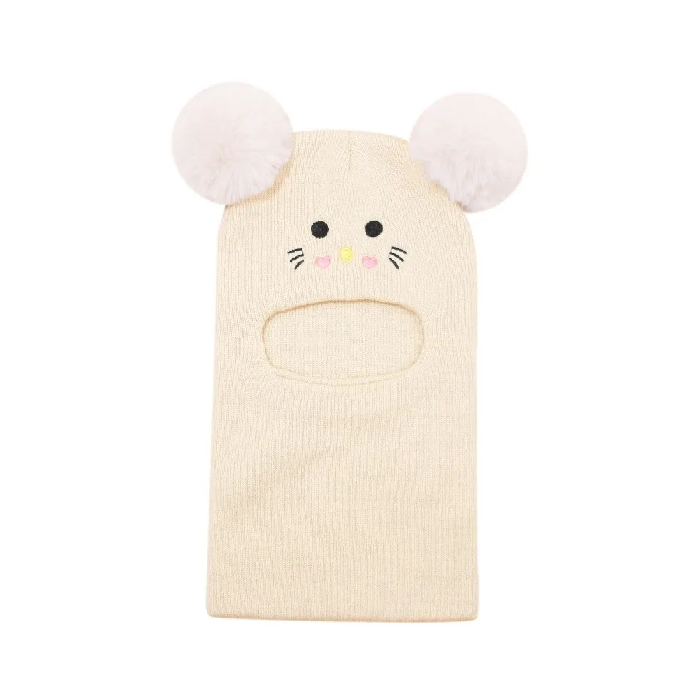 

Cute Cartoon Embroidered Knitted Hat Windproof Cold Proof Ear Protection Caps Double Pompom Head Full Face Neck Cover