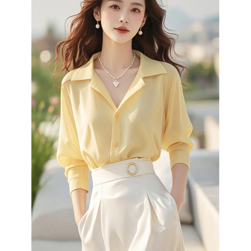 Beautiful Women's Blouses Long Sleeve Social Female Shirt Spring Autumn Yellow Polo Top Fine Elegant Blouses for Women