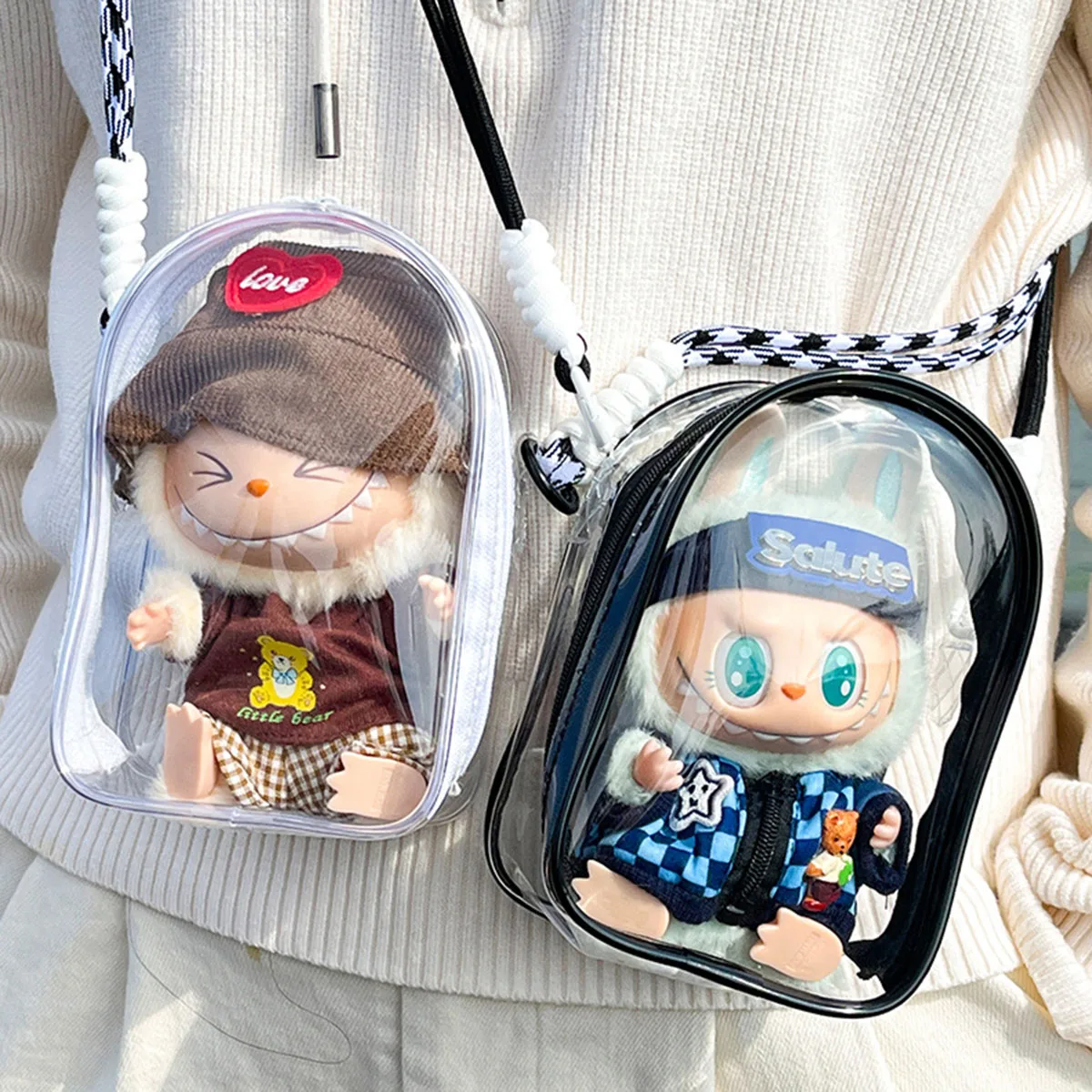 For 15cm Labubu V2 Sitting Party Cotton Doll Crossbody Pain Bag PVC Storage Bag Hairball Dolls Display Bag