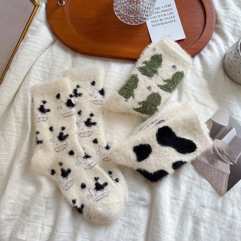 3/6 Paar Winter-Socken für Damen, niedliche Cartoon-Kuh-Socken aus Nerzvelours, weiche, mittelhohe Socken, flauschige, thermische, weiche Dinosaurier-Socken – Detail 3