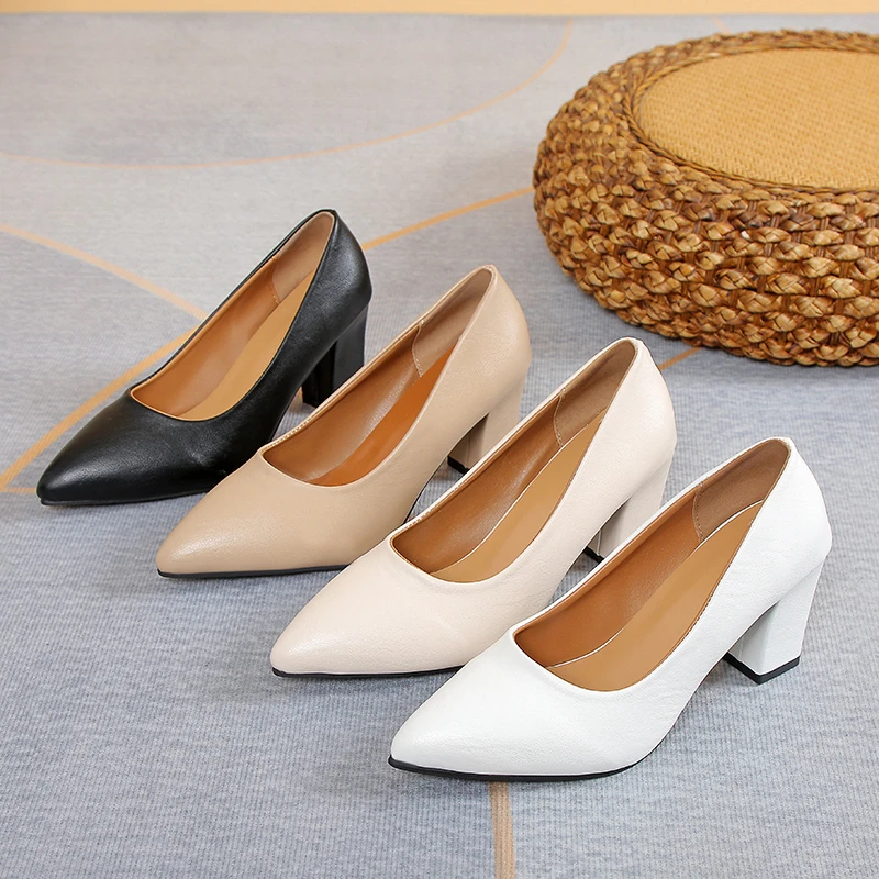 

2025 New High-heeled Shoes Women Pointed Shallow Mouth Shoes Women's Thick-heeled Fashion Shoes Plus Size Женская Обувь