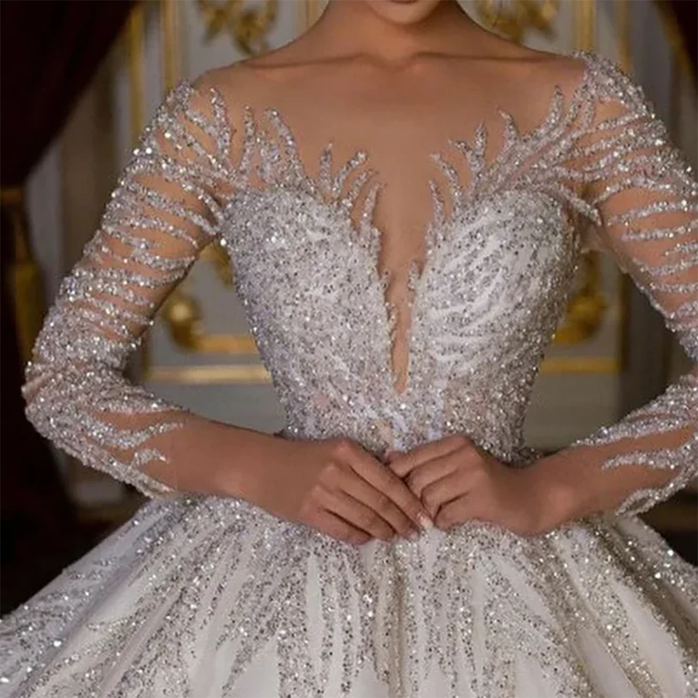 Abiti da sposa da sposa a trapezio senza schienale con maniche lunghe e spalle scoperte di lusso Abiti da sposa personalizzati ﻿