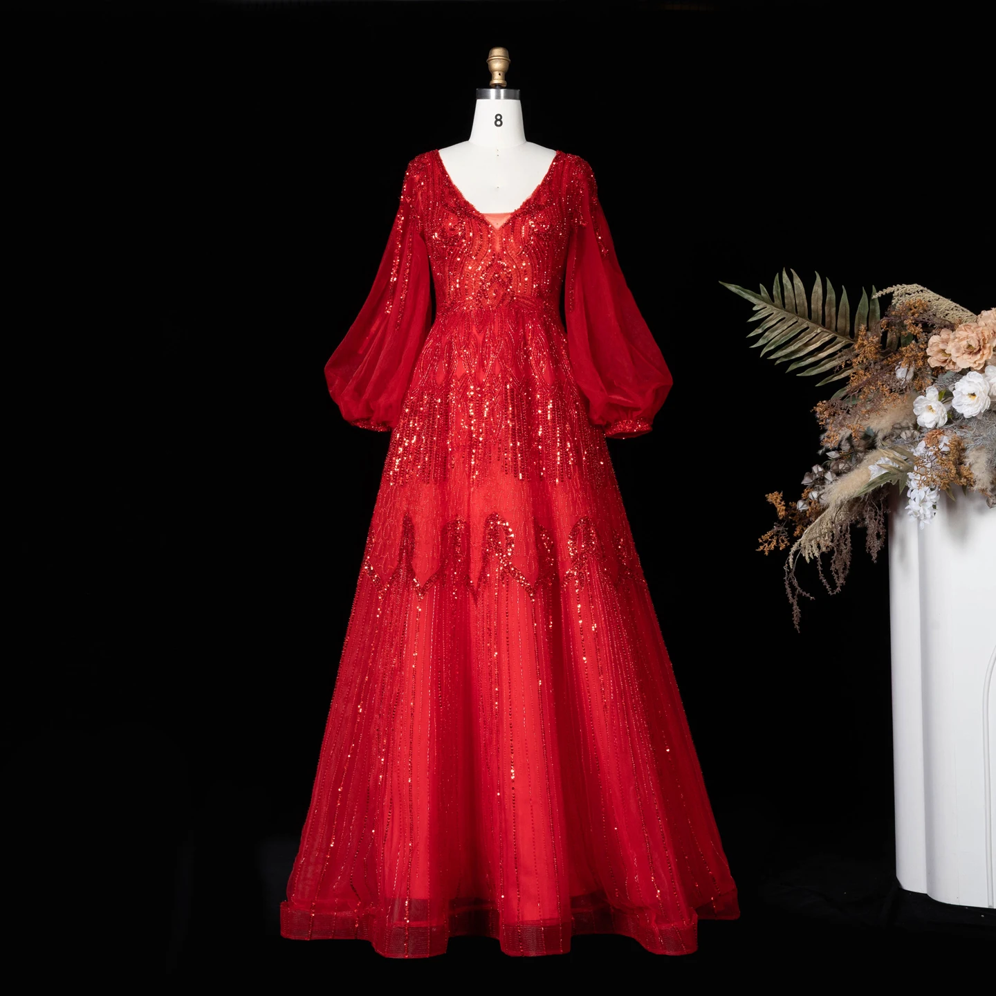 Sharon Said Luxuriöses Rosa Abendkleid mit Perlenstickerei, V-Ausschnitt, A-Linie und Puffärmeln, 2026 Damen Hochzeitsfeier SS057, Maßanfertigung – Detail 11
