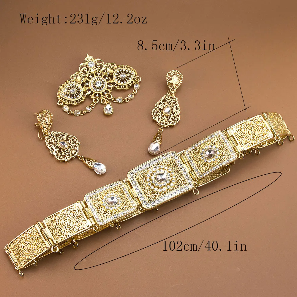 Elegante feminino cinto de casamento brinco broche marrocos conjuntos de jóias de noiva cristal árabe robe bijoux comprimento ajustável