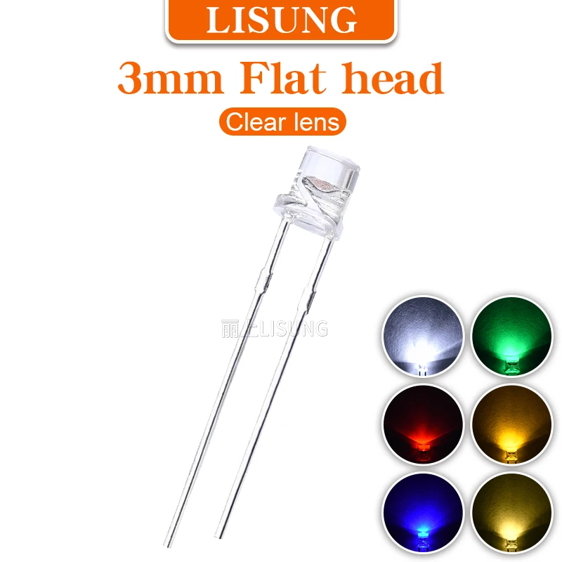 

1000pcs/Bag 3mm LED Light Emitting Diode Flat Top Clear Warm White Red Blue Green UV Yellow Color Bulb Lamp 2V 3V Indicator