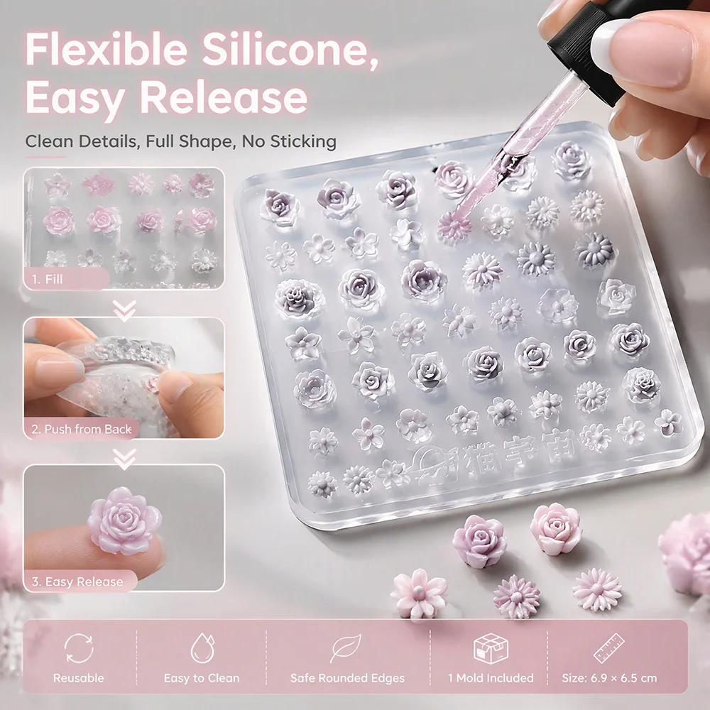 Mehrfarbige Rosen-Blumen-Schnitzschablone 3D Mini-Blumen-Silikon-Nagelkunstform Antihaftbeschichtete Leicht zu Entfernende Form für DIY-Harz-Charms Geschenke