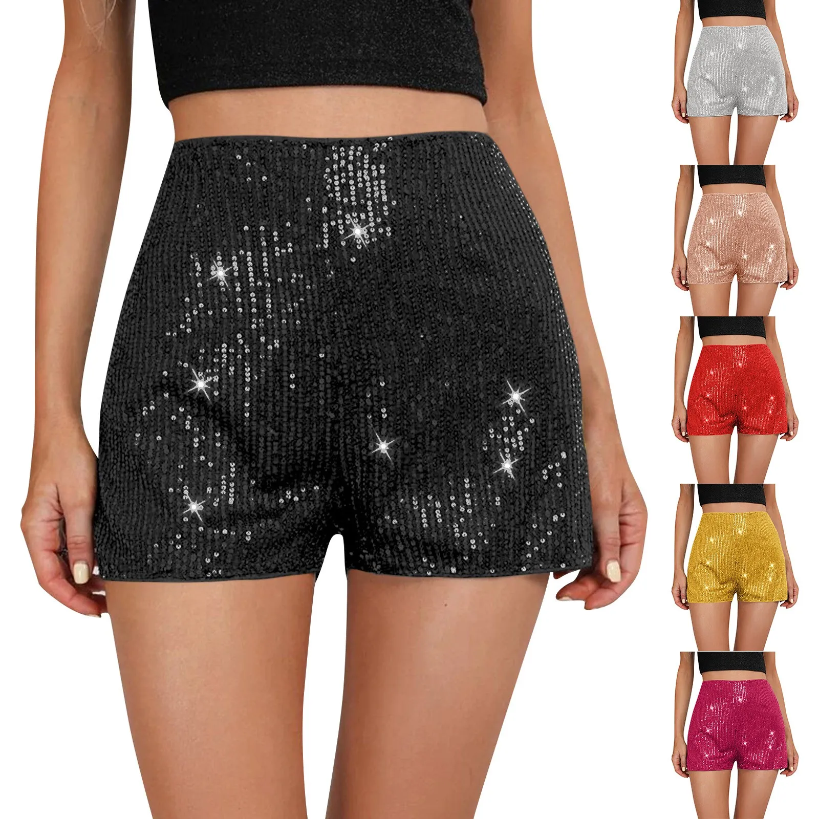 Women Sequins Shorts Summer Clothes Mid Waist Elastic Band Sparkly Glitter Hot Straight Leg Shorts Sexy Club Streetwear 2024