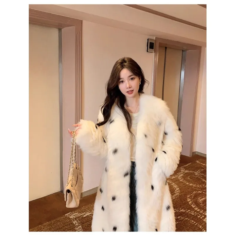 Women's Clothing Fur Coats Fluffy Faux Fox Fur Leopard Print Spots Overcoats V-neck Mid-length Furry Trench Coats Winter New