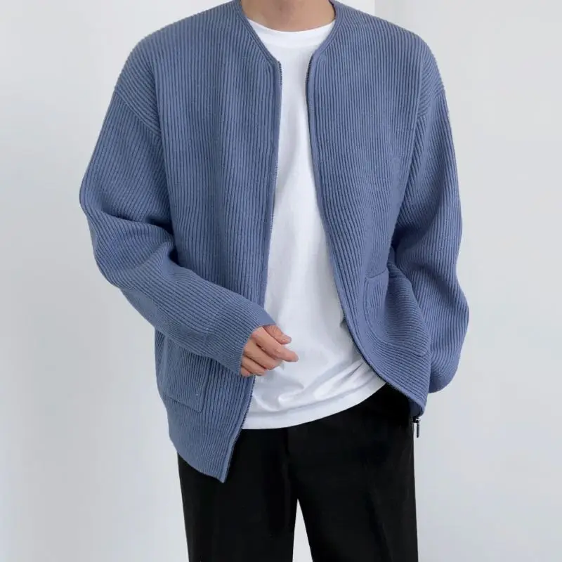 

Man Clothes Round Collar Knitted Sweaters for Men Solid Color Zip-up Plain Crewneck Blue Cardigan Zipper Fun Sweat-shirt Elegant