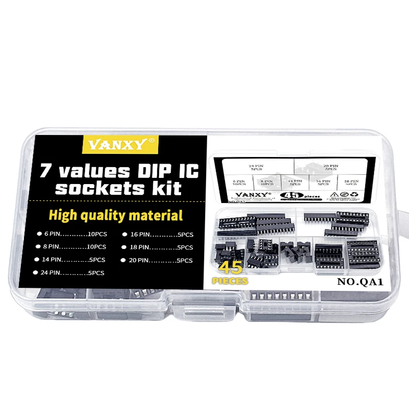 7 values kit IC Sockets DIP-6 DIP-8 DIP-14 DIP-16 DIP-18 DIP-20 DIP-24 pins Connector DIP Socket 6 8 14 16 18 20 24 pin 45 pcs